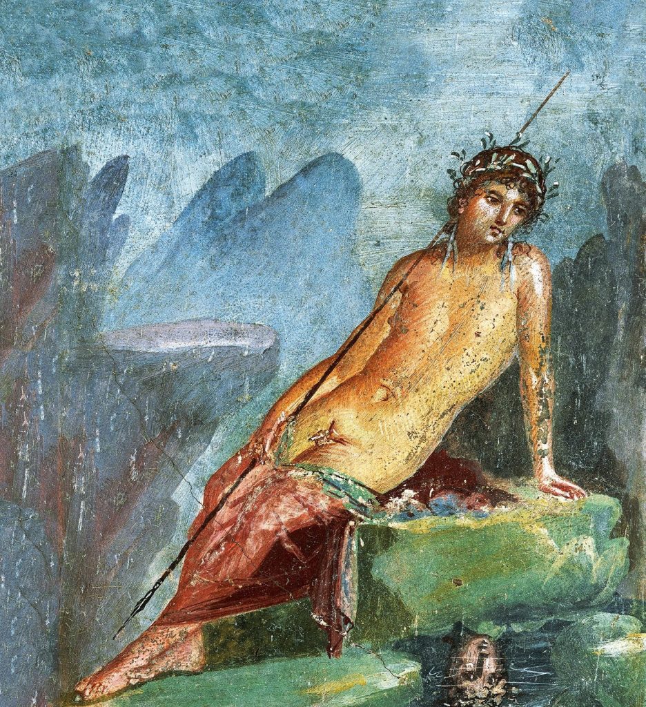 Roman wall painting from Pompeii of Narcissus seated on a rock with his hunting spear, his face reflected in the water at his feet