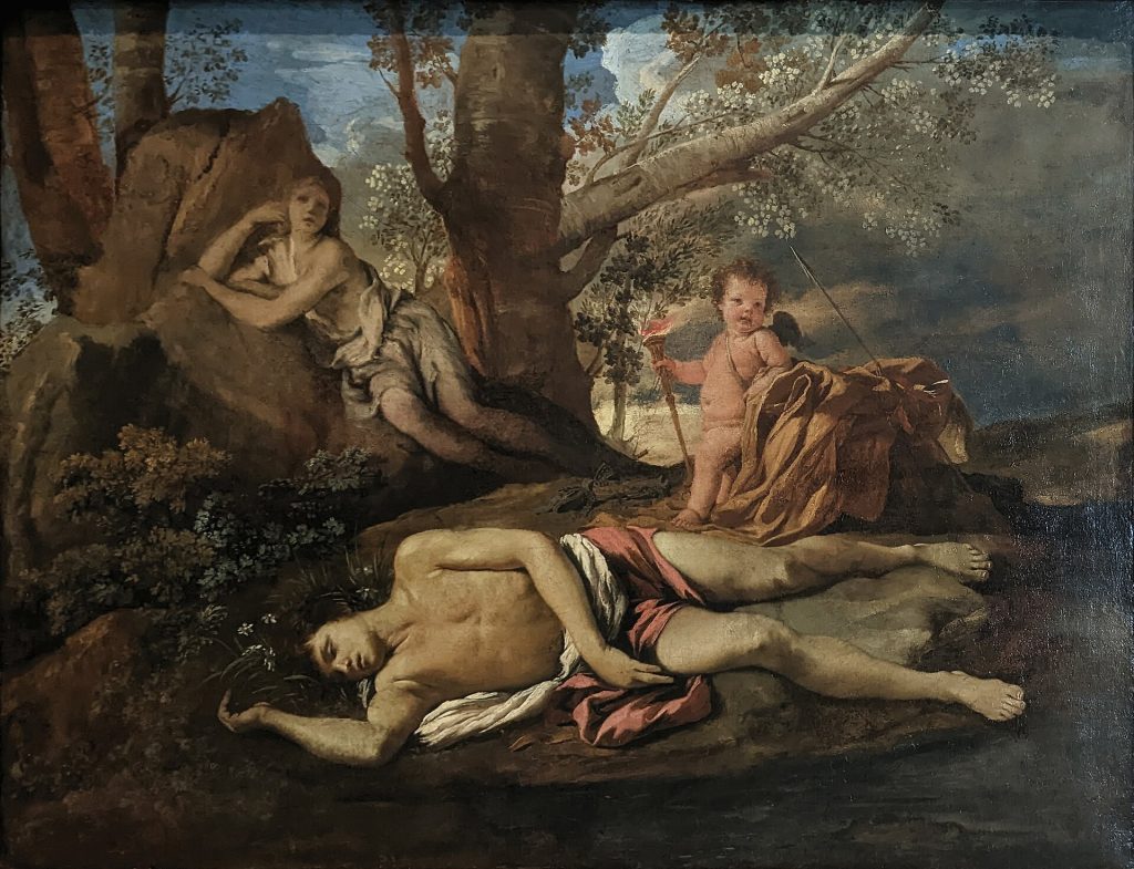 Poussin painting of Narcissus lying dead at the water's edge while Echo fades against a rock behind him and Cupid holds a funeral torch