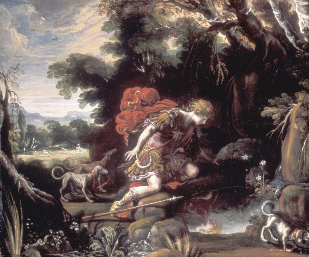 Claude Vignon painting of Narcissus the hunter in a red cloak, spear in hand and dogs around him, bending toward a woodland spring