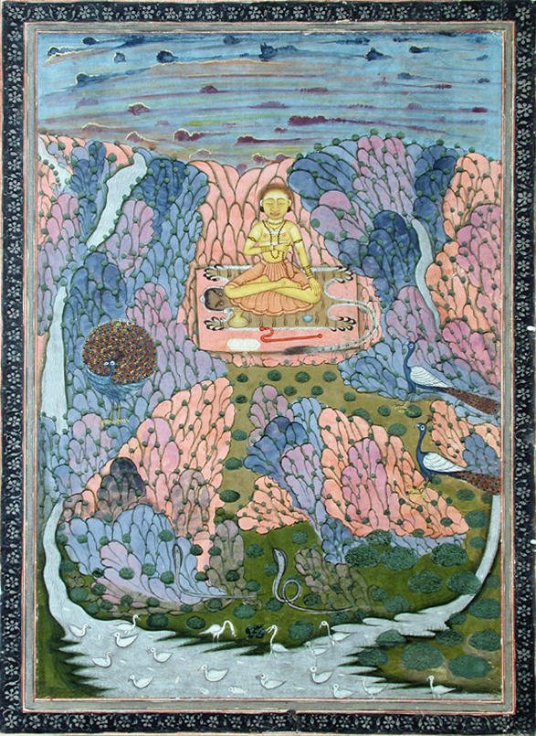 Shiva seated in meditation among pink and blue Himalayan rocks, with birds, a stream, and flowering plants below.