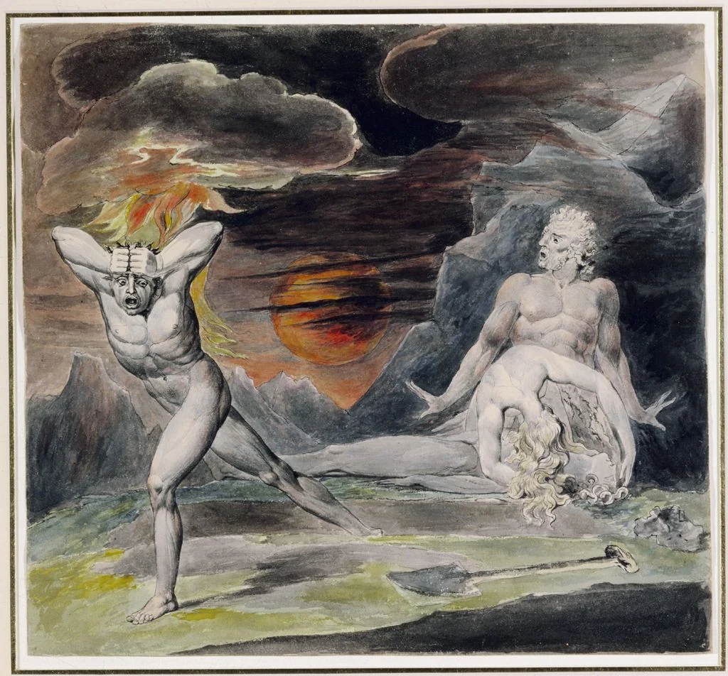 A watercolour of a naked man running away with his hands clutched to his head, flames streaming behind him under a dark red sun, while a man and a woman crouch over a body beside an open grave and a spade.