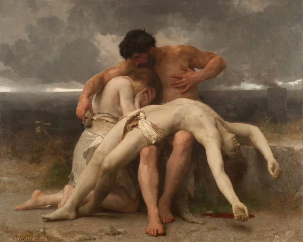 A painting of a man seated on the ground under a dark sky with a dead youth laid across his knees; he presses a hand to his own chest, and a woman kneels against him with her face in her hands.