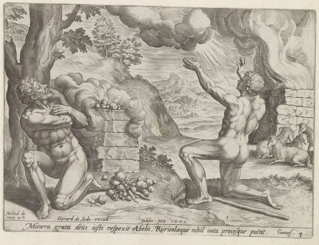 An engraving of two naked men kneeling at stone altars. At the left one hugs his chest and looks up as smoke rolls back over the fruit piled on his altar and at his knees; at the right the other lifts both arms to rays breaking from a cloud, with flames rising from his altar and sheep lying beside it. A line of Latin runs below.