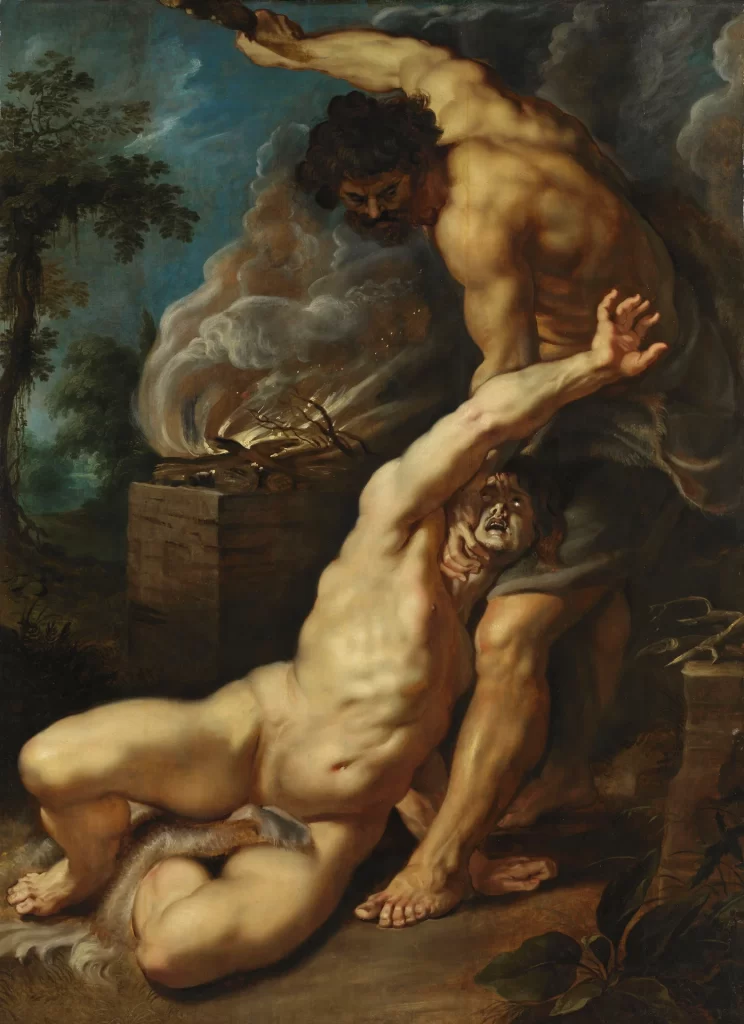 A painting of a muscular man standing over his brother with one arm raised to strike; the brother has fallen on his back and lifts a hand to ward off the blow, and an altar burns behind them.