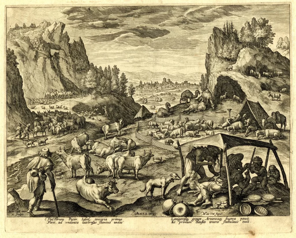 An engraving of a wide valley between crags, filled with cattle, sheep and camels and dotted with tents; a herdsman with a staff stands at the left and people sit under an awning at the right, with four lines of Latin verse below.