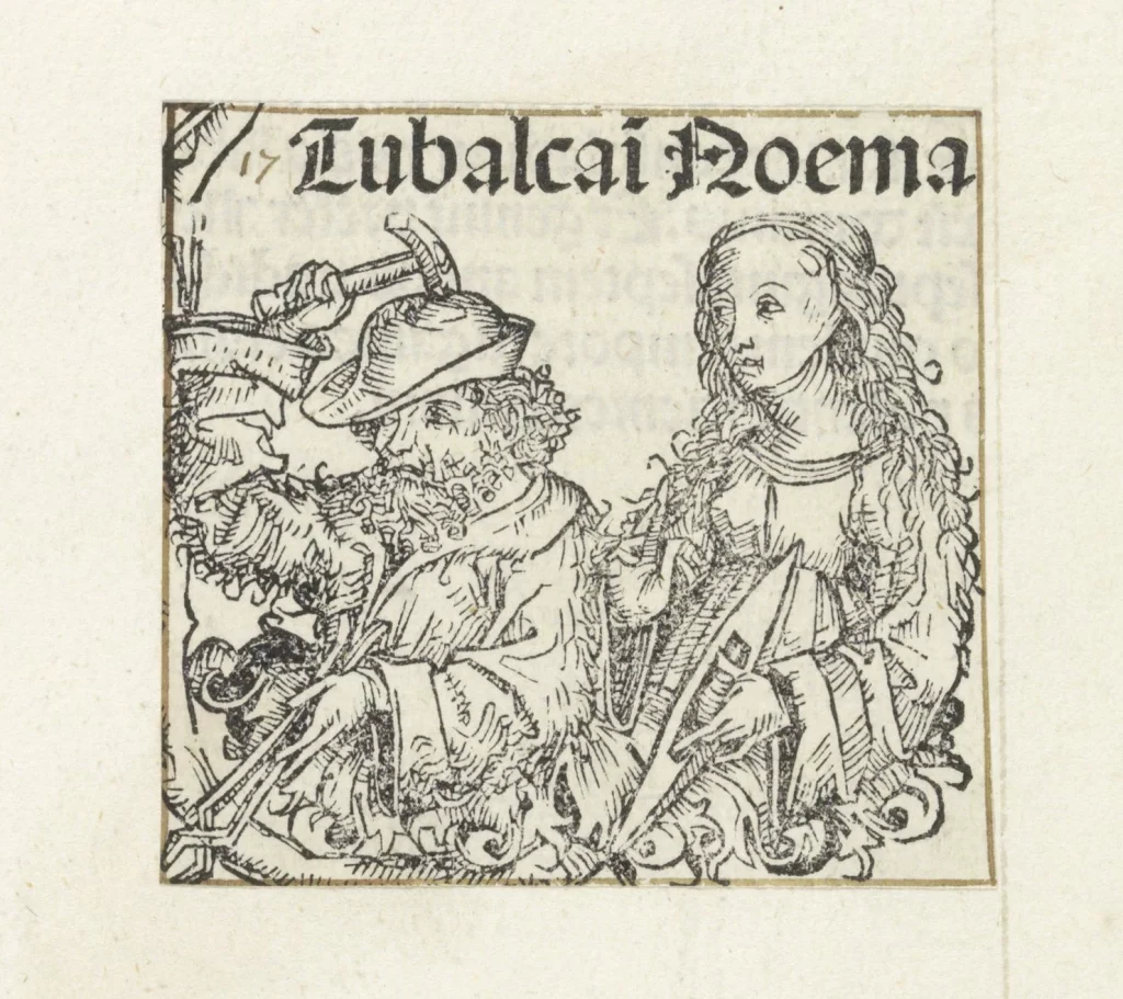 A woodcut under the gothic heading Tubalcain Noema: a bearded man in a hat raises a hammer over the metalwork in his other hand, and a long-haired young woman stands beside him.