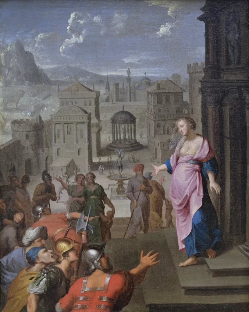 A painting of a young woman in a rose and blue robe standing on palace steps with one hand at her breast and the other held out to a crowd of soldiers and townsmen below, who gesture up at her; a city square with a round temple lies behind.