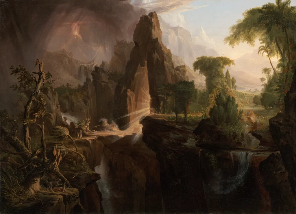A painting divided in two. At the right a bright garden with palms and still water lies beyond a great arch of rock from which rays of light pour out; at the left a dark country of split crags, a torrent, storm cloud and a distant volcano, with two tiny figures walking away from the arch across a stone bridge.