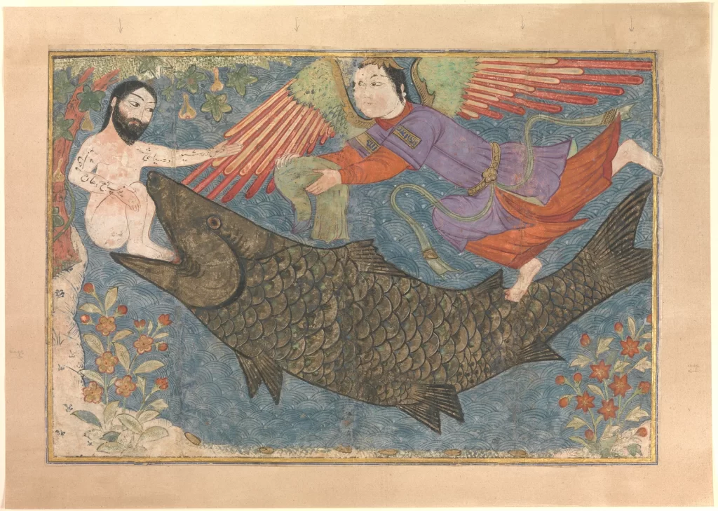 A Persian manuscript painting: a bearded man, naked, climbs out of the mouth of a great scaly fish, an angel with red and gold wings flies toward him holding out a garment, and a gourd vine hangs with fruit above them.