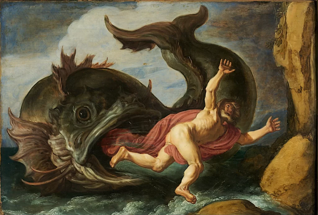 A painting of a huge fish with spread fins and a gaping mouth throwing a half-naked man in a red cloth out onto the rocks, his arms flung up.