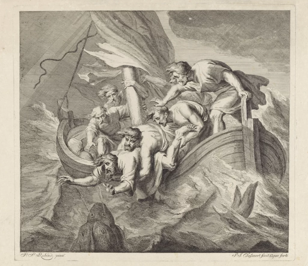 An engraving of a small ship in a heavy sea: the crew heave a man head first over the side, and the open jaws of a sea monster wait in the water below.