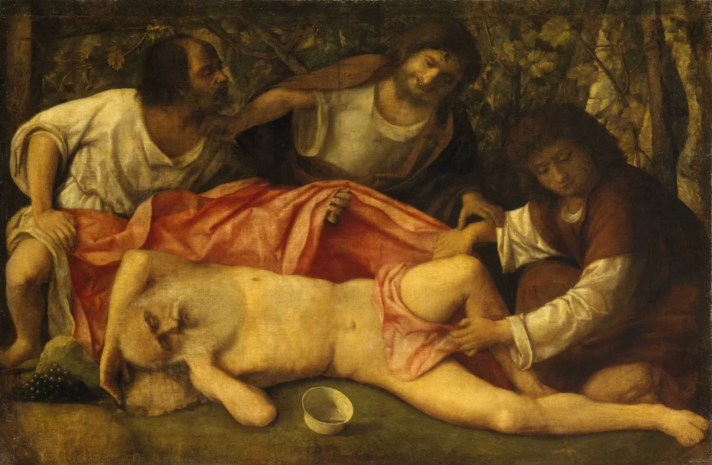 A painting of an old bearded man lying naked and asleep on the ground beside a cup and a bunch of grapes, while three men lean over him: the two at the sides draw a rose-red cloth across him, and the one in the middle grins.