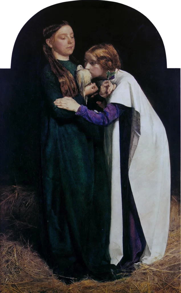 A painting with an arched top of two girls standing in straw against a dark background: one, in a dark green dress, holds a white dove to her chest, and the other, in a white cloak, bends to kiss it and holds a sprig of olive.