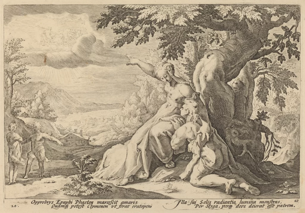 An engraving of a woman seated under an oak, pointing up to a chariot in a bright cloud, while a youth kneels with his head against her side. Far off at the left two boys face each other, one with his arm stretched out. Four lines of Latin verse run below.