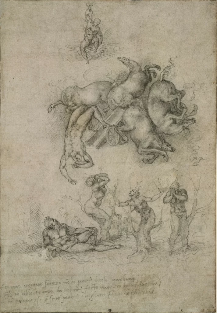 A chalk drawing in three tiers. At the top a god astride an eagle hurls a bolt. In the middle four horses and a chariot tumble upside down with a youth falling head-first. At the bottom three women raise their arms, a figure turns into a swan, and a river god reclines by an urn. Lines of handwriting run along the foot of the sheet.
