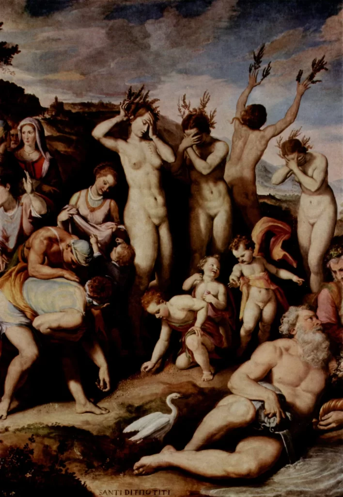 A painting of naked young women standing in a row and weeping, their raised hands sprouting leafy branches. Below them a bearded river god reclines beside a white swan, and other women mourn at the left.