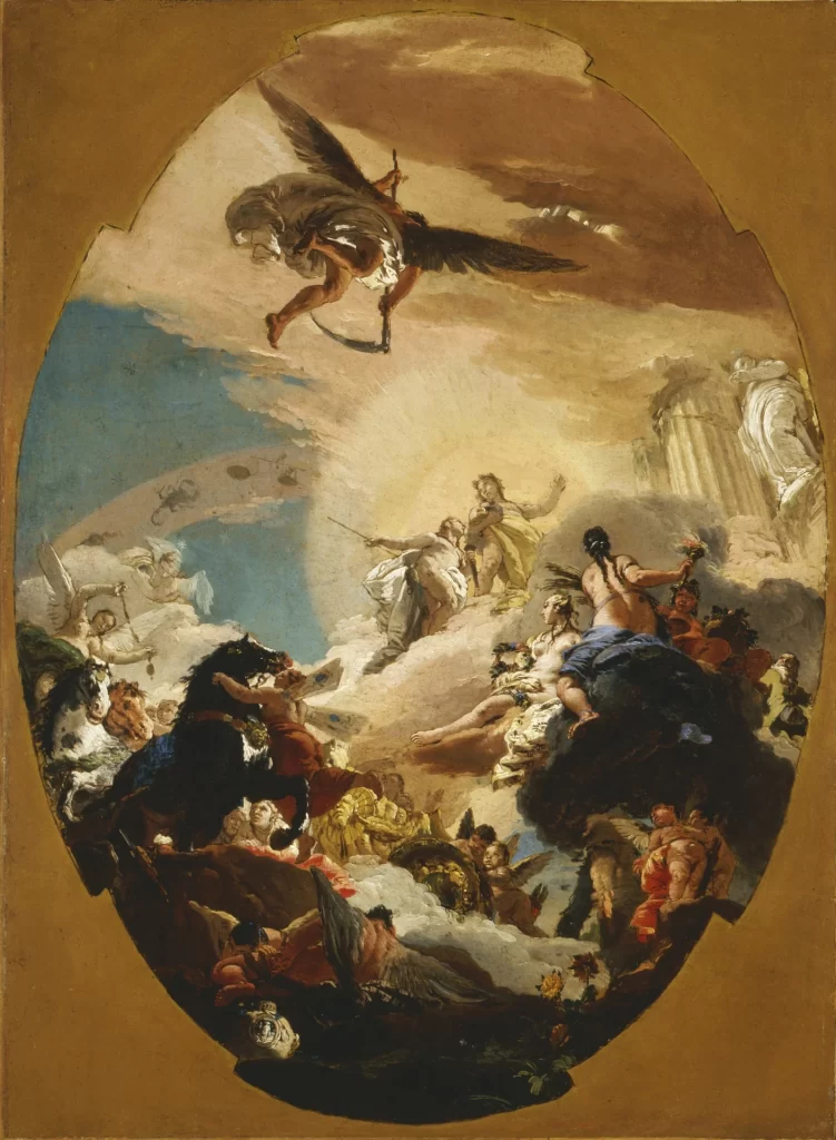 An oval design for a ceiling, seen from below. A god sits in a blaze of light at the centre and gestures down to a youth, winged Time flies overhead, figures of the Seasons sit on clouds round the rim, and dark horses are being harnessed at the left.