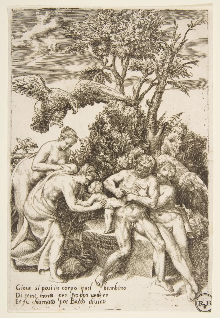 Engraving of Jupiter seated beneath a tree handing the infant Bacchus to two nymphs, with an eagle overhead and a winged boy behind him, and Italian verses below.
