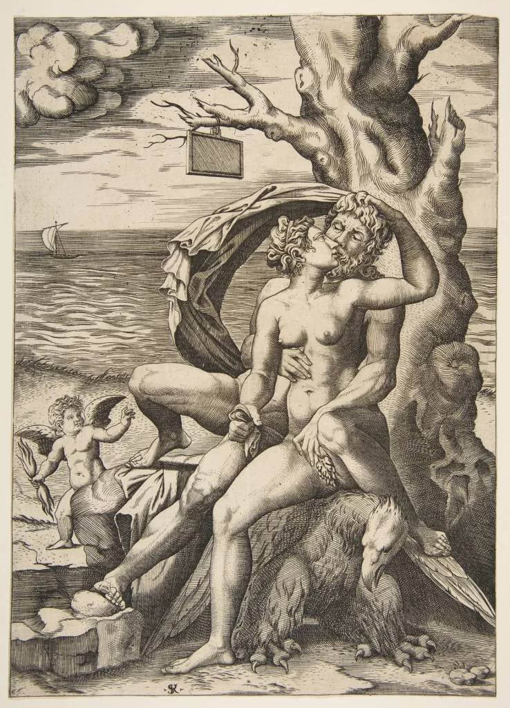 Engraving of a bearded Jupiter embracing Semele on a rock beneath a tree, with an eagle at their feet and a winged child holding a thunderbolt beside them.
