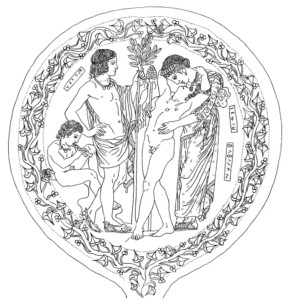 Line drawing of an Etruscan bronze mirror in which a young Dionysus and his mother embrace while Apollo stands beside them, each figure labelled with its name.