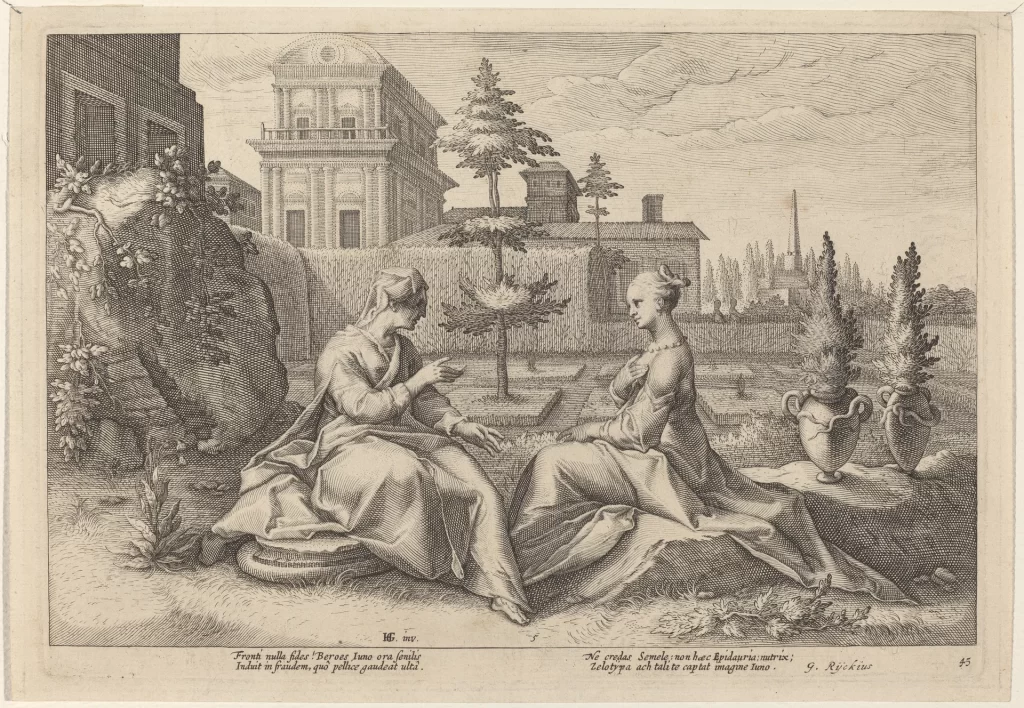 Engraving of two women seated in a formal garden before a domed building, the older one leaning in to speak to the younger.
