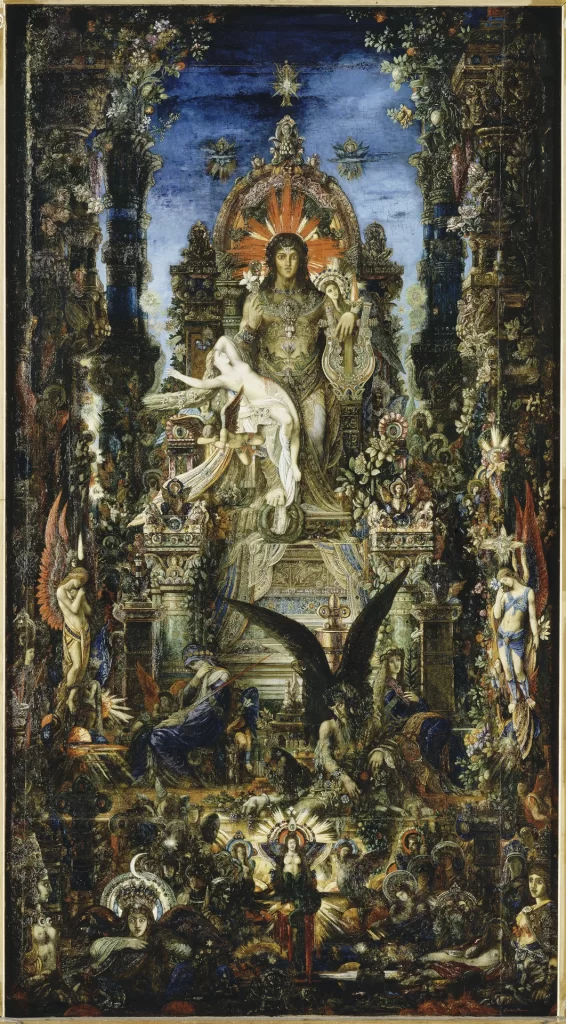 Jupiter sits enthroned in a jewelled, crowded architecture, a radiant halo behind his head, while the pale figure of Semele collapses against him.