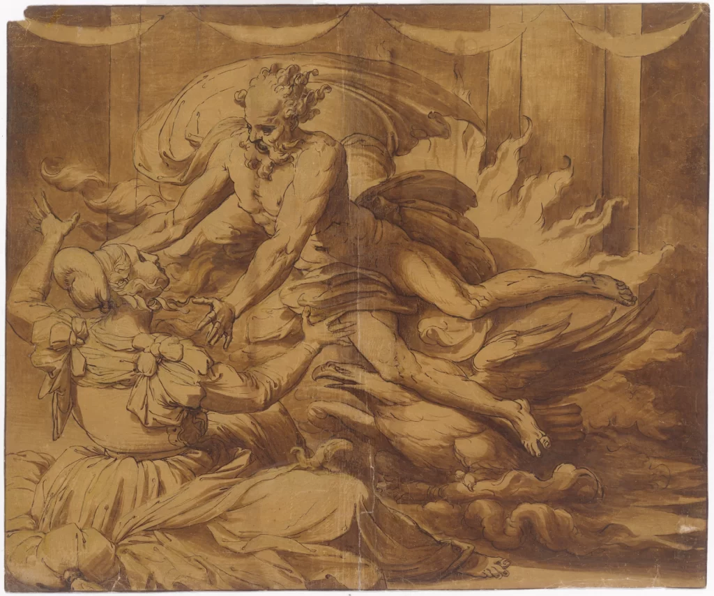 Brown ink drawing of Jupiter plunging down amid flames over Semele, who falls back beneath him.