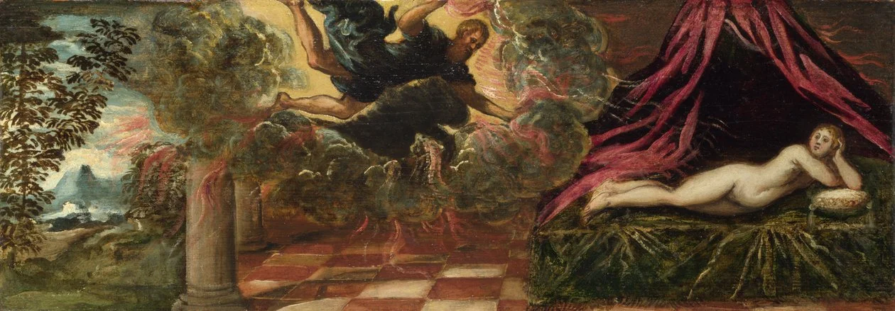 Jupiter flies through dark clouds shot with lightning toward Semele, who lies naked on a bed beneath a red canopy.