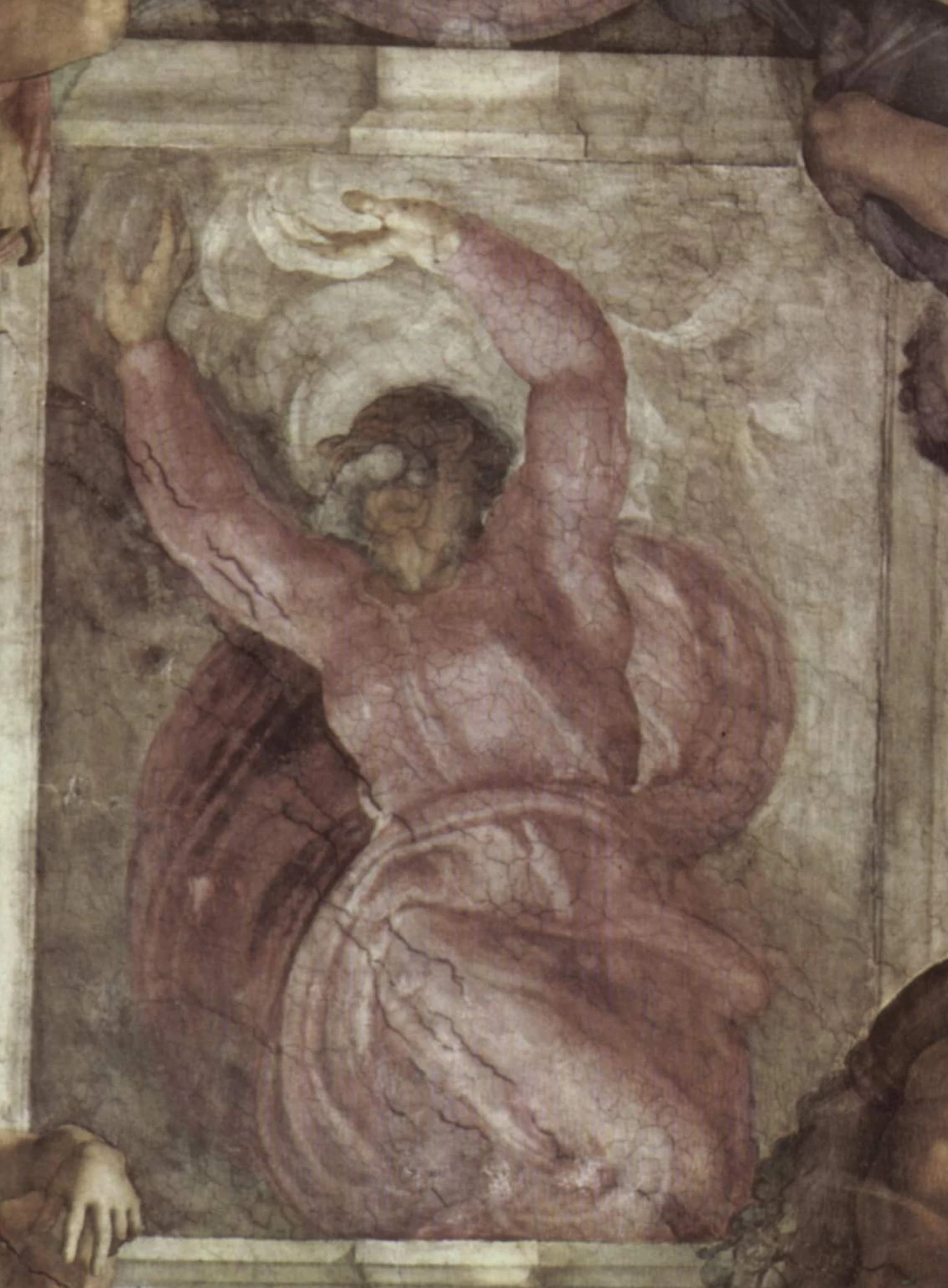 A fresco panel. God, in a rose-pink robe and seen from below, twists upward with both arms raised over his head into swirling light and shadow, his face foreshortened and half hidden.