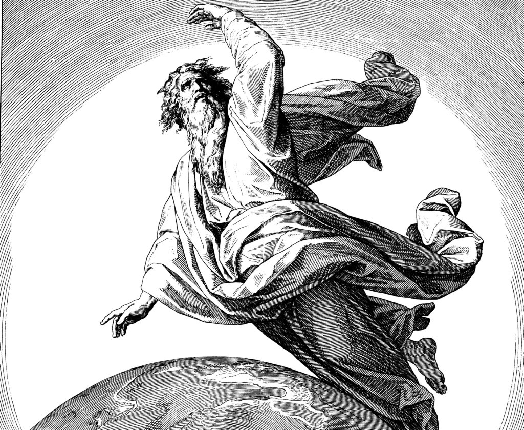 A woodcut. God, bearded and in billowing robes, sweeps upward through the air above the curve of the globe, one arm raised over his head and the other stretched down, inside a pale ring of sky.