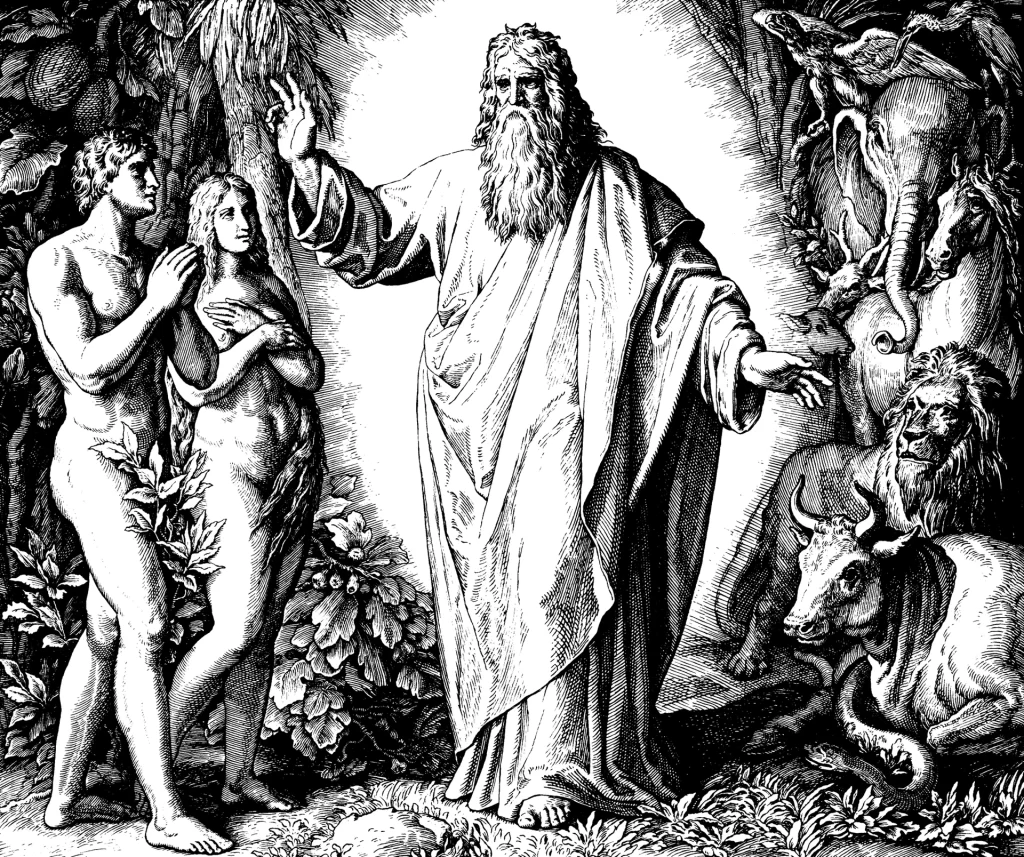 A woodcut. A naked man and woman stand close together among plants at the left; God, bearded and robed, stands beside them with one hand raised, and an elephant, a lion, an ox and other animals crowd the trees at the right.