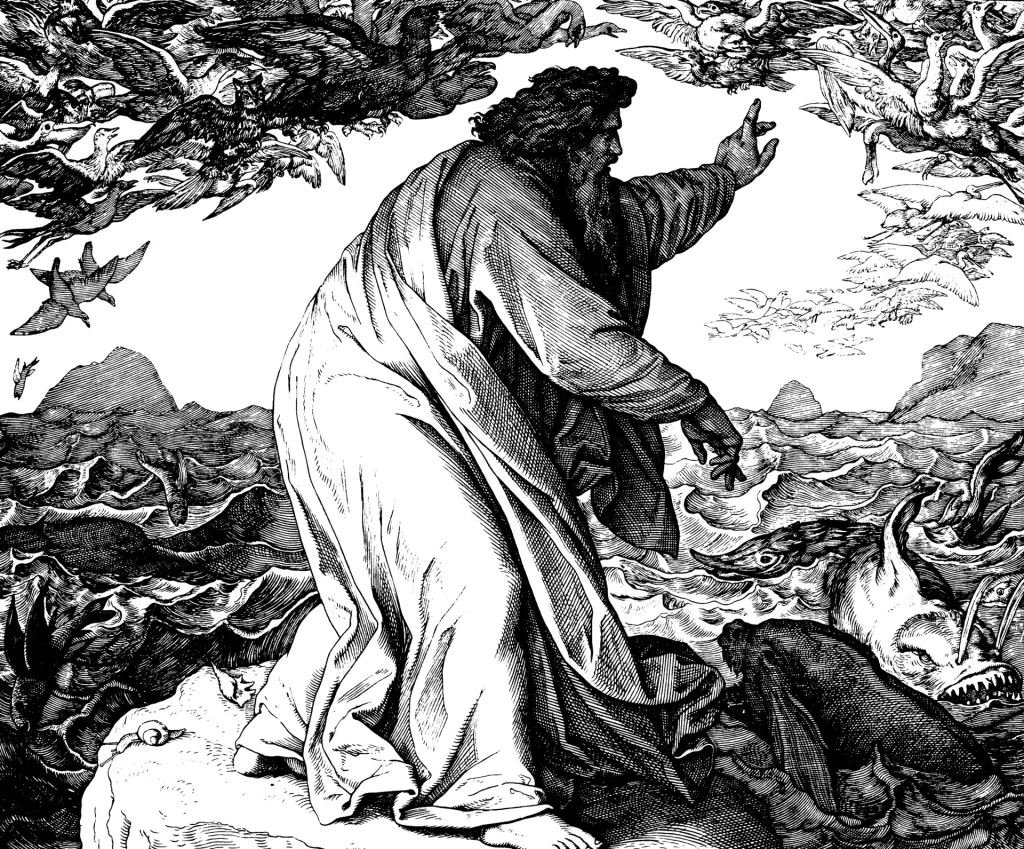 A woodcut. God strides along a rocky shore with one arm raised toward birds flying out of a sky hung with branches, while sea creatures, among them a great fish with open jaws, crowd the water at his feet.