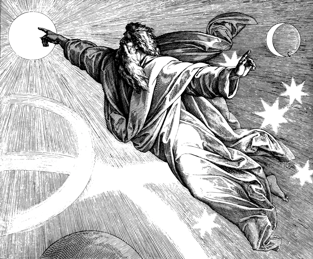 A woodcut. God flies across the sky, one arm pointing at a blazing sun at the upper left and the other toward a crescent moon and stars at the right, above the curve of the earth.