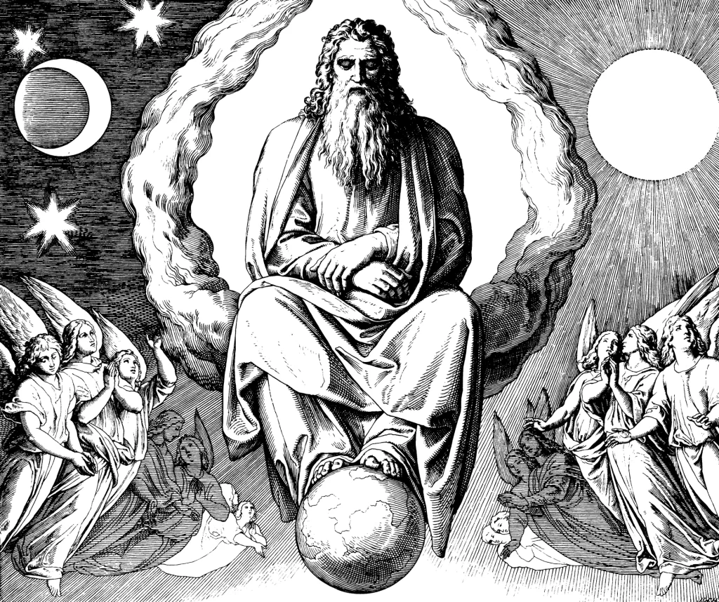 A woodcut. God sits on clouds with his hands folded and one foot resting on the globe, a crescent moon and stars at the left and the sun at the right, with angels at both sides.