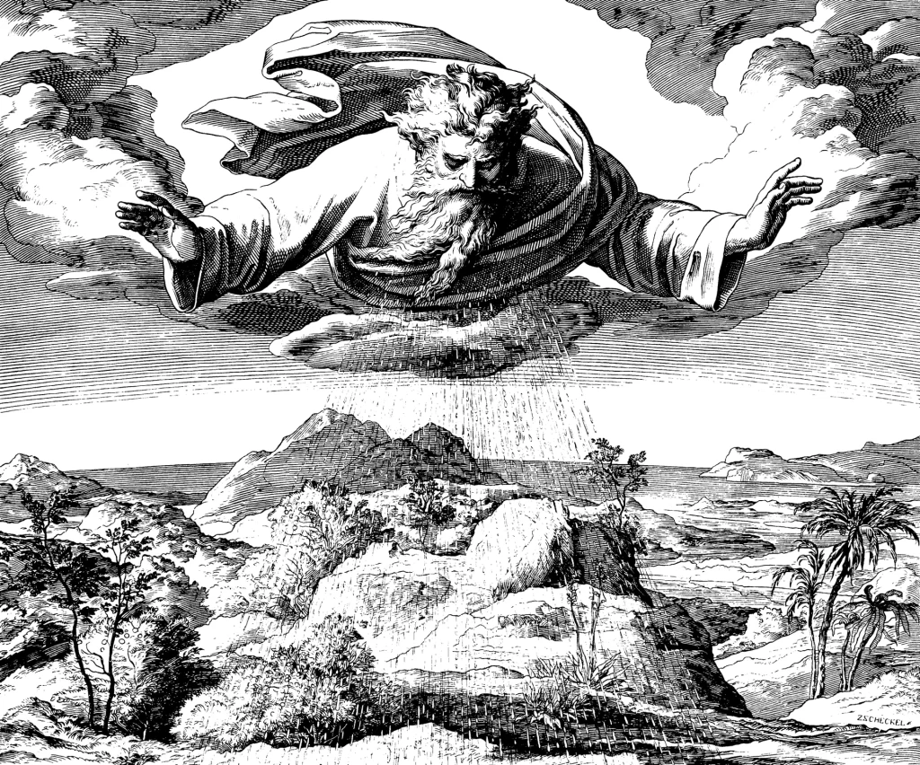 A woodcut. God floats among clouds with his arms spread over a wide landscape of hills, rocks, trees and palms, with streaks of rain falling between the clouds and the land.