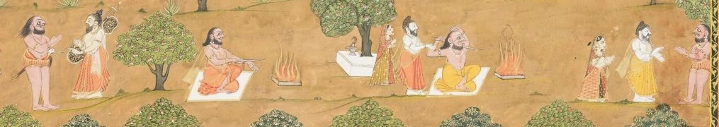 A horizontal strip of an Indian painting on a tan ground. From the left: a dark, wild-haired figure in a loincloth faces a man who carries a stringed instrument. The same figure sits on a mat and holds a long ladle towards a fire. He sits again before a small shrine with a lingam and holds a blade to his own neck, while a bearded man in a white wrap grips his arm and a woman in orange stands behind. At the right the woman and the bearded man face him as he stands with his hands raised.