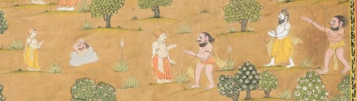 A strip of the same painting. At the right a dark figure in a loincloth stretches out his arm towards a bearded man in a yellow wrap, who steps back with his hands raised. In the middle a boy in an orange wrap and a cap speaks with the dark figure. At the left a boy in yellow stands before a grey heap from which a head and an arm show.
